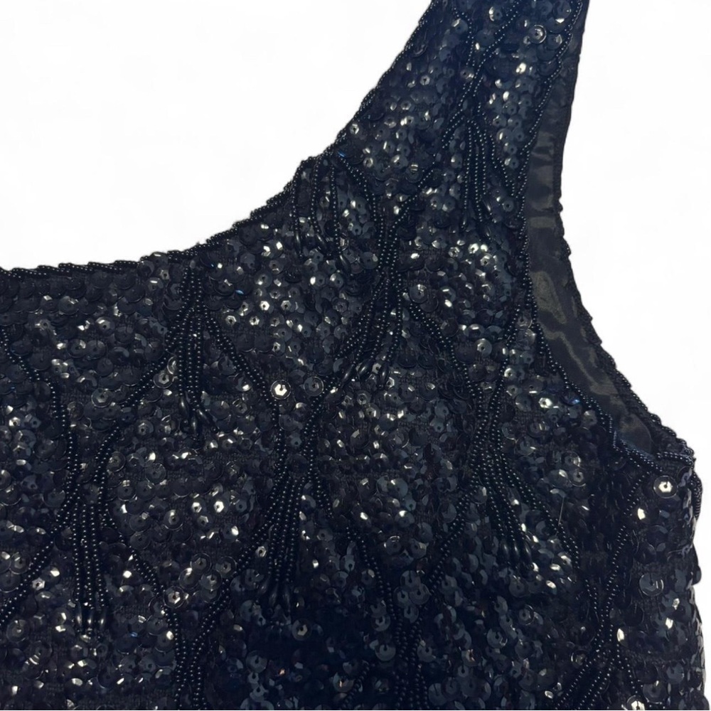VTG 60s Beaded Sequin Wool Tank Top Black Fringe Flapper Hong Kong S - Picture 4 of 6